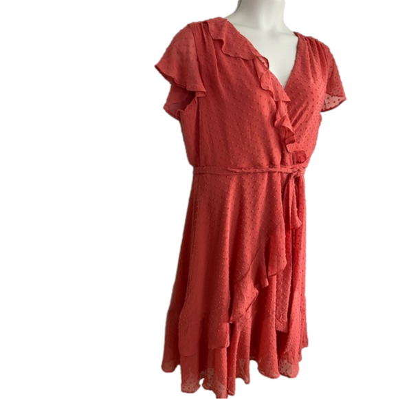 Danny & Nicole Coral Swiss Dot Chiffon Surplice Ruffle Midi Dress SKU0498 - Picture 5 of 10